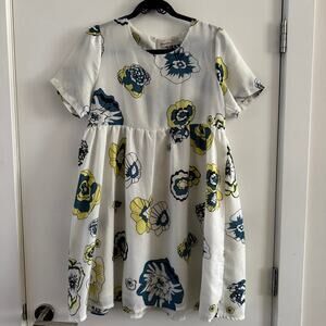 Vintage Chanzhilian Baby Doll Dress Yellow Blue Floral White Short Sleeve Sz L